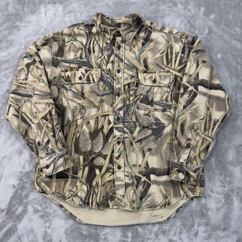 Cabelas Shirt Mens L Chamois Flannel Advantage Wetlands Camo Duck Hunting Button